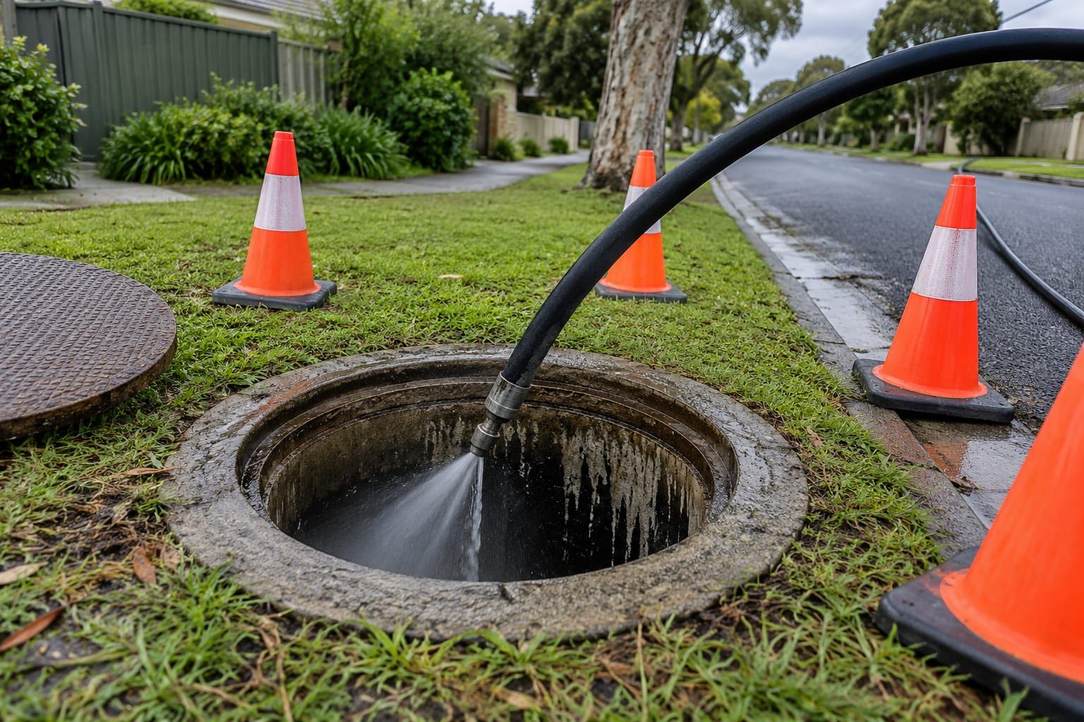Jetting hose spraying into an open drain pit, with safety cones