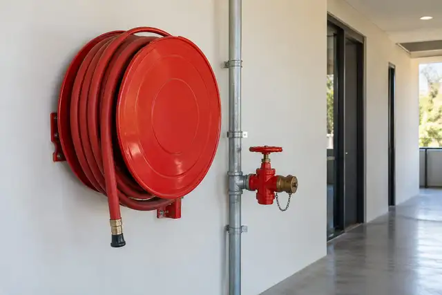 Red fire hose reel and hydrant valve on a building wall