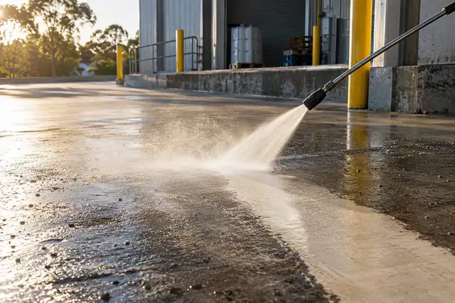 High-pressure water spray cleaning a concrete loading dock