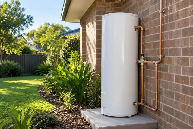 Electric hot water tank with copper pipes against a brick wall