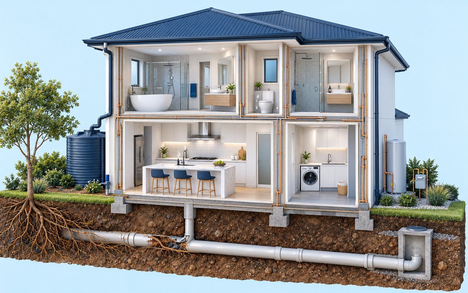 3D cut-away of a two-storey home showing the bathroom, toilet, ensuite, kitchen, laundry, roof, hot water, gas meter, rainwater tank and the sewer pipe with tree roots