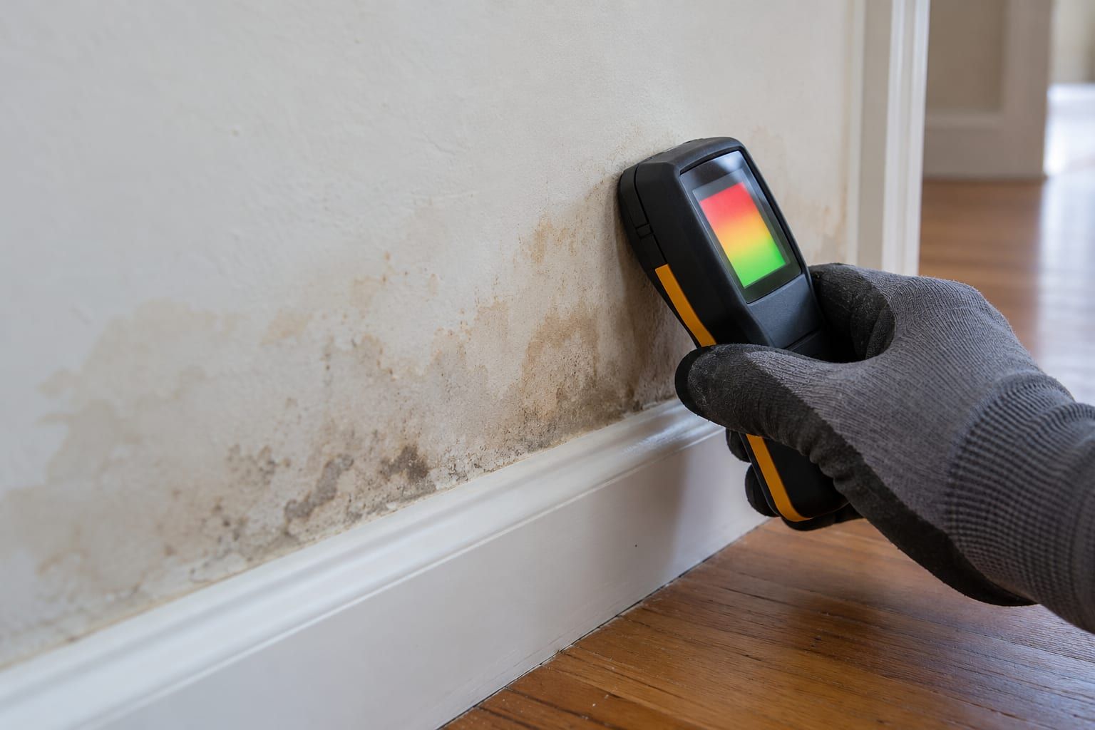 Gloved hand holding a moisture meter against a damp wall