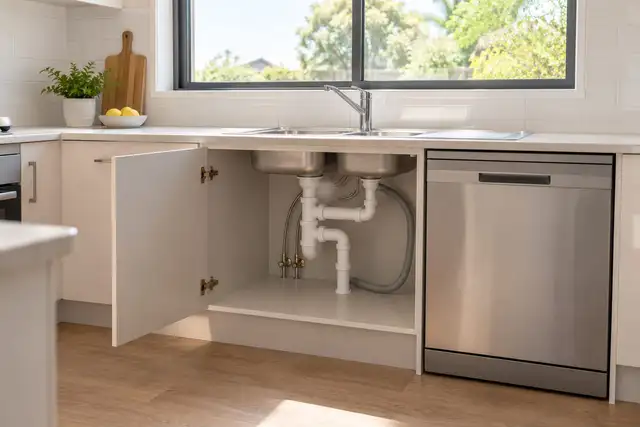 Open kitchen cupboard showing the plumbing under a double sink