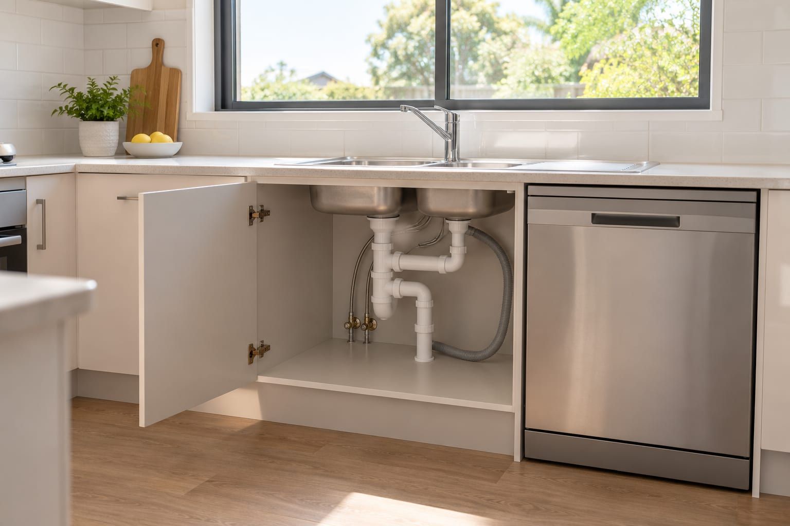 Open kitchen cupboard showing the plumbing under a double sink