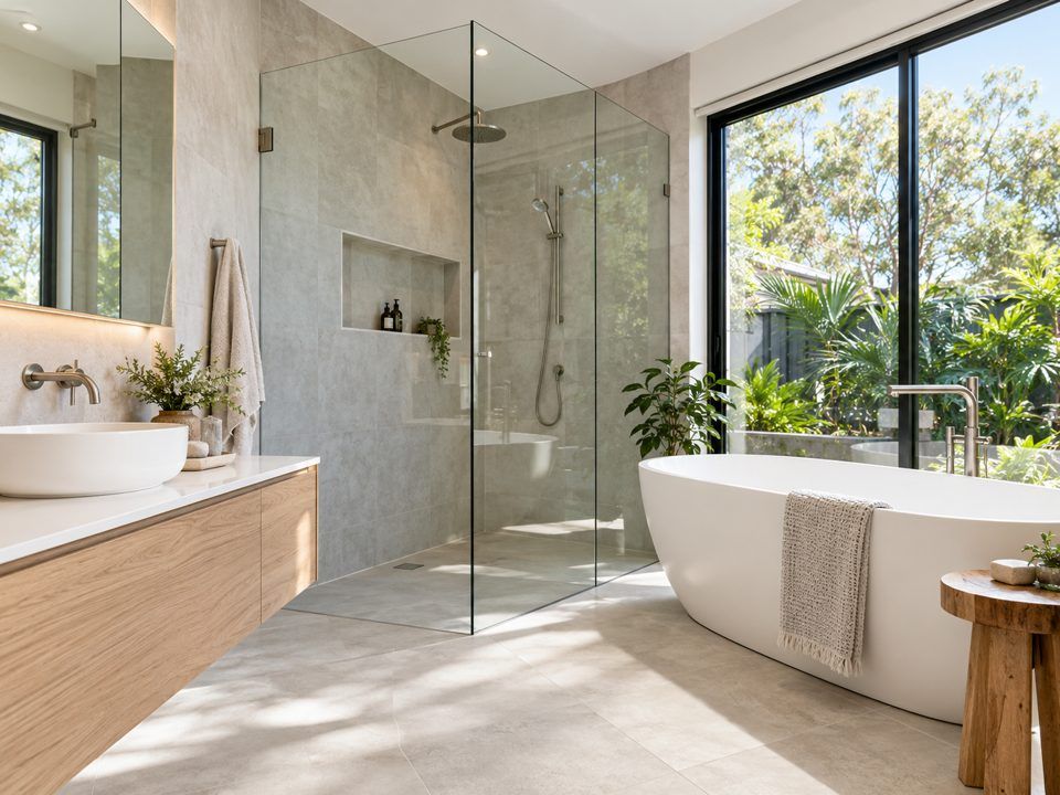 Bathroom with a bath, shower and vanity