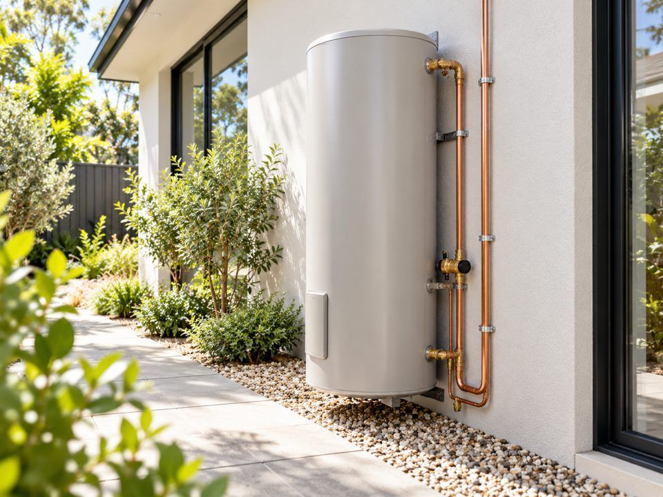 Hot water system outside a house