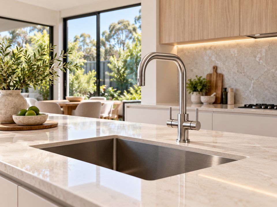 Kitchen with sink, gas cooktop and island bench