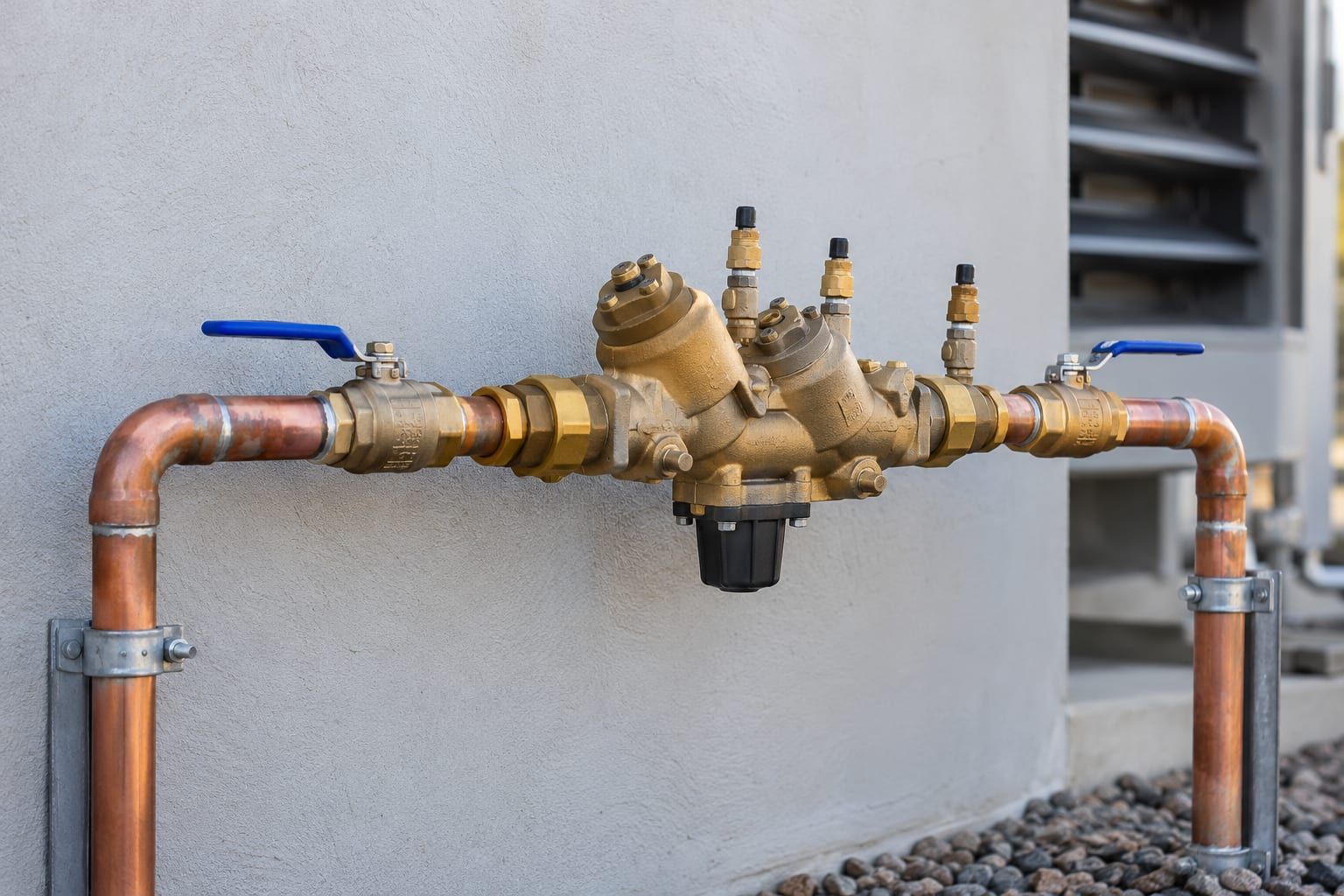 Brass RPZ backflow valve on copper pipework
