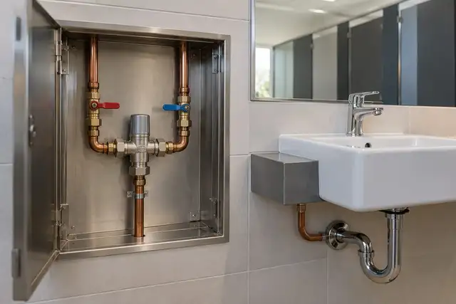 Thermostatic mixing valve in a steel wall cabinet beside a hand basin