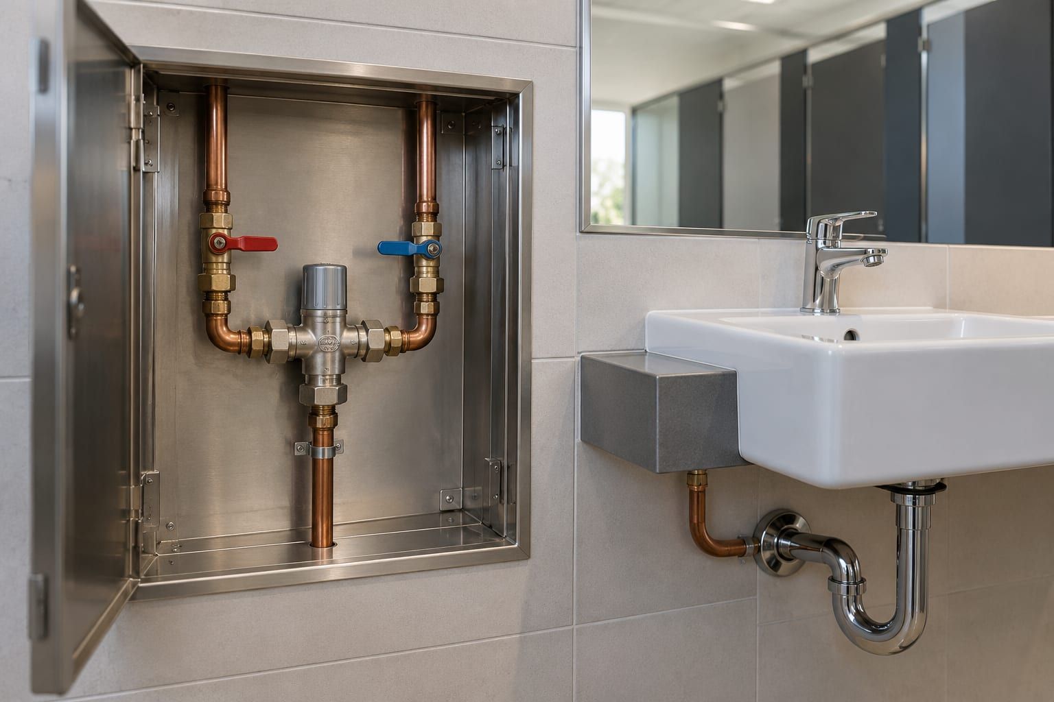 Thermostatic mixing valve in a steel wall cabinet beside a hand basin